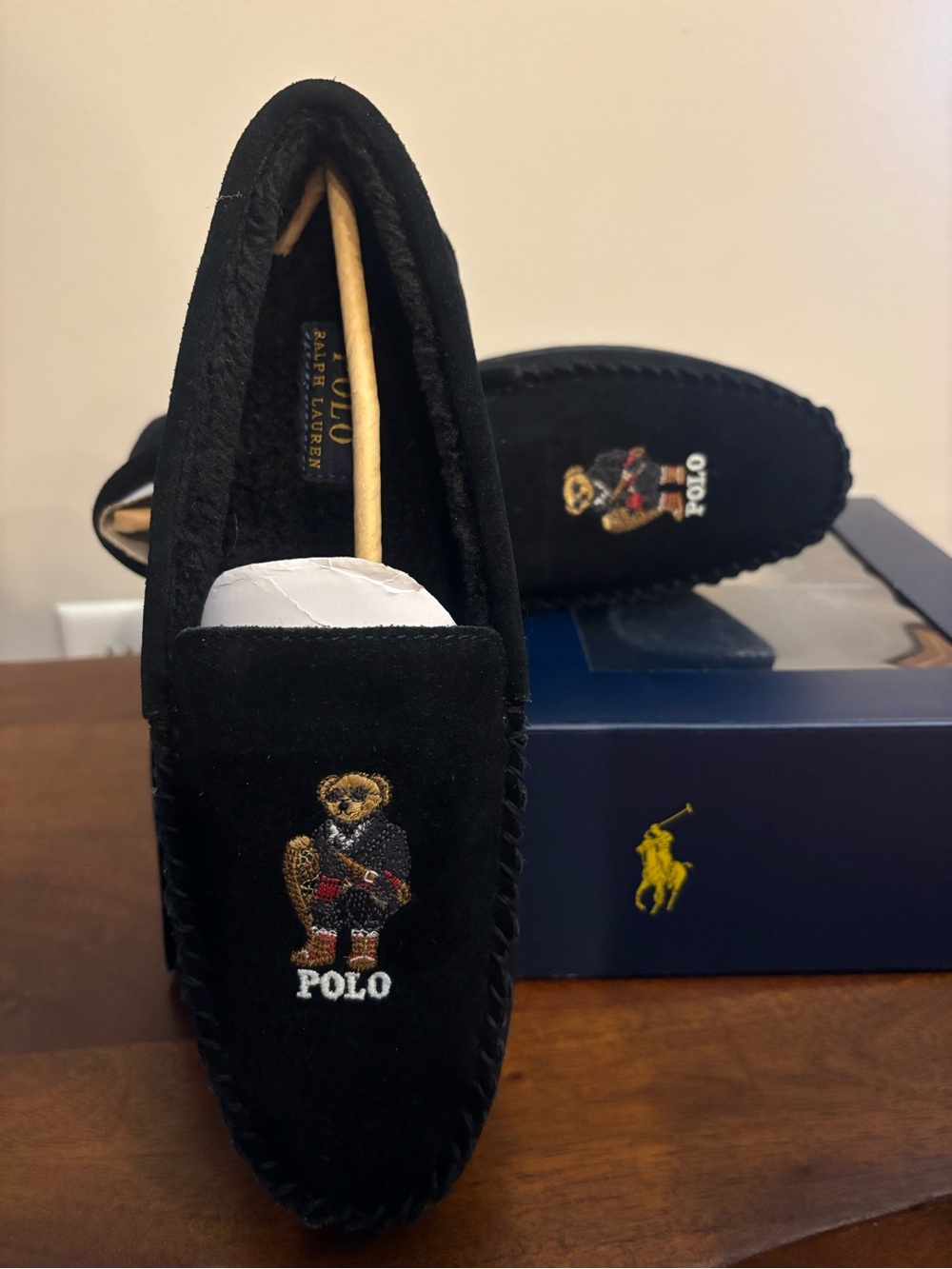 Polo Ralph Lauren Men’s Black Suede Moccasin Loafers w/ Brenan Polo Bear size 8